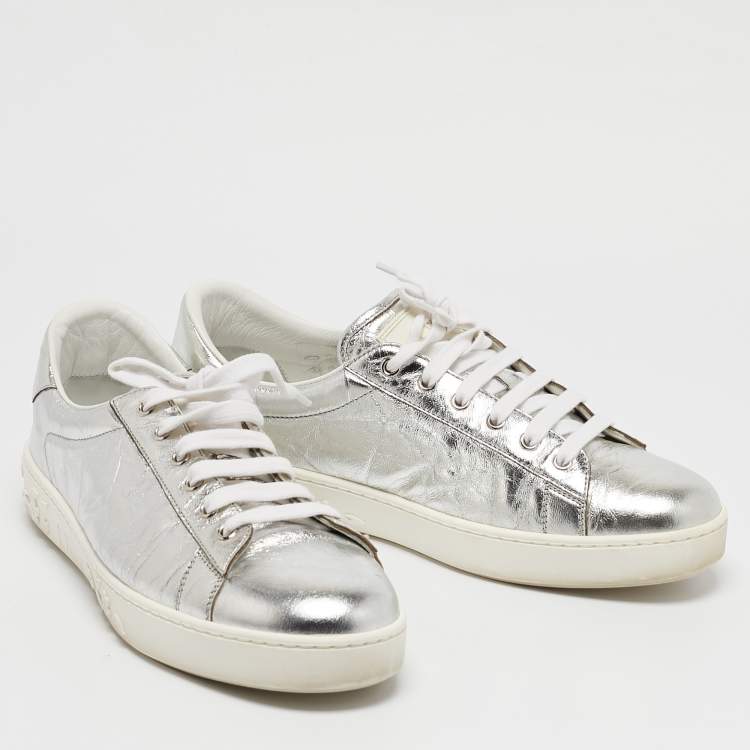 Pre Owned Dior Silver Leather Lace Up Trainers Sneakers Size 39.5