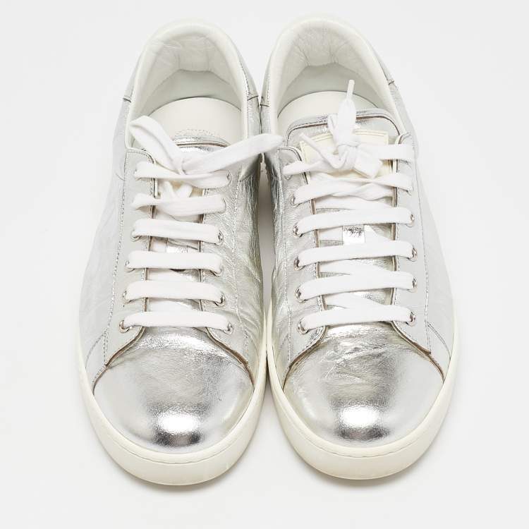 Pre Owned Dior Silver Leather Lace Up Trainers Sneakers Size 39.5