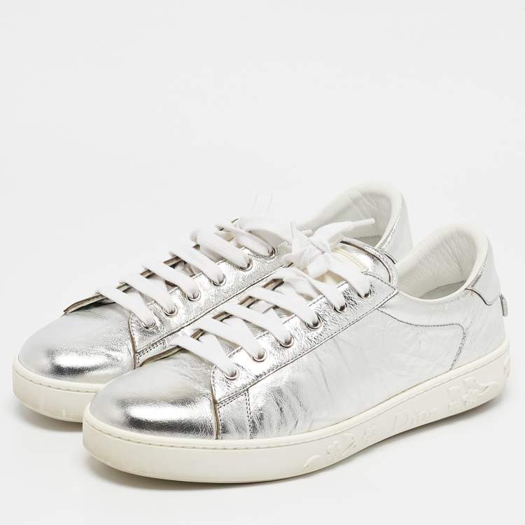 Pre Owned Dior Silver Leather Lace Up Trainers Sneakers Size 39.5