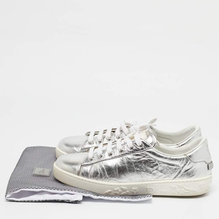 Pre Owned Dior Silver Leather Lace Up Trainers Sneakers Size 39.5
