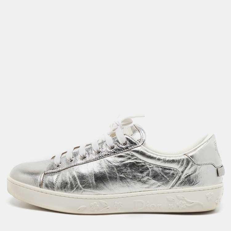 Pre Owned Dior Silver Leather Lace Up Trainers Sneakers Size 39.5
