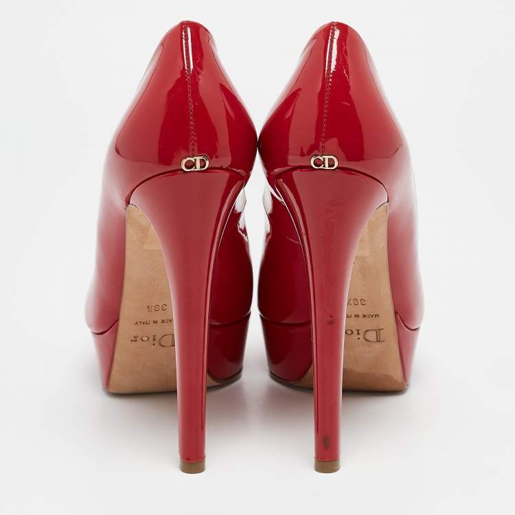 Pre Owned Dior Red Patent Leather Miss Dior Peep Toe Platform Pumps Size 39.5