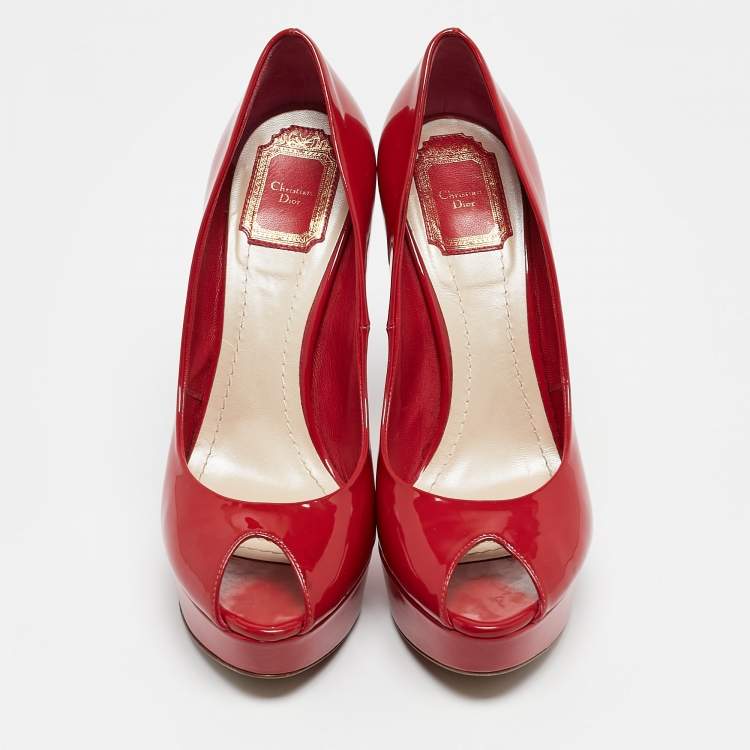Pre Owned Dior Red Patent Leather Miss Dior Peep Toe Platform Pumps Size 39.5