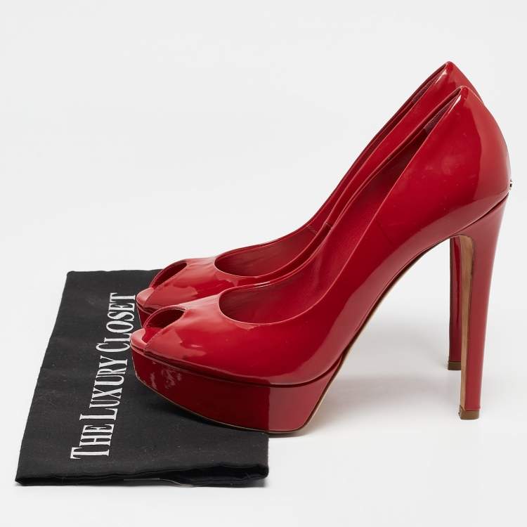 Pre Owned Dior Red Patent Leather Miss Dior Peep Toe Platform Pumps Size 39.5