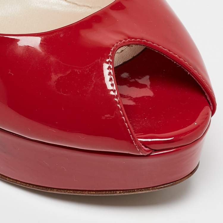 Pre Owned Dior Red Patent Leather Miss Dior Peep Toe Platform Pumps Size 39.5