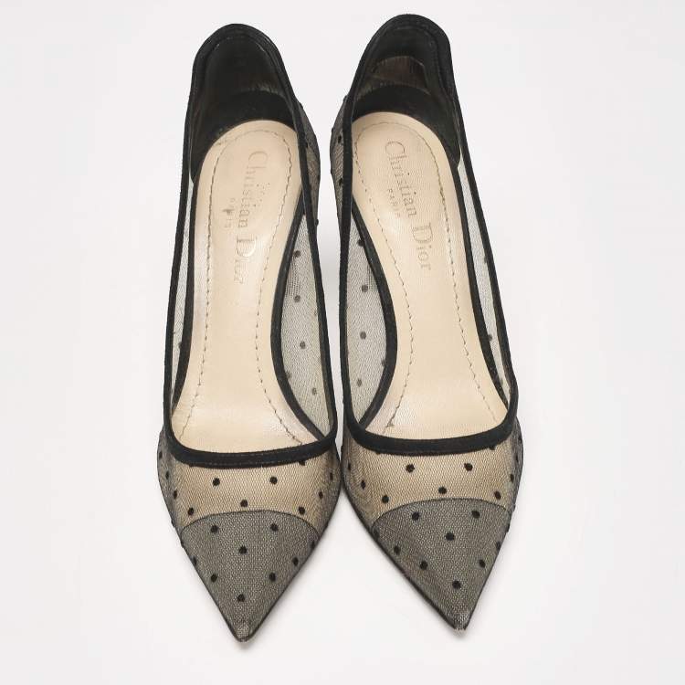 Pre Owned Dior Black/Beige Mesh Polka Dot D-Moi Pumps Size 35.5