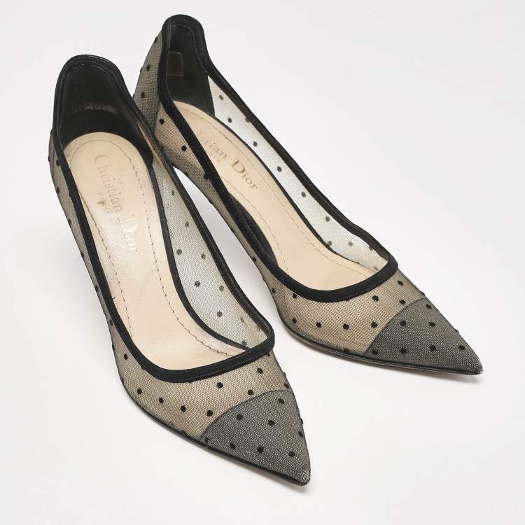 Pre Owned Dior Black/Beige Mesh Polka Dot D-Moi Pumps Size 35.5