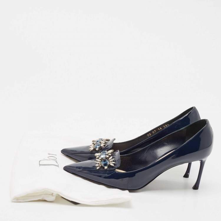 Pre Owned Dior Blue Patent Leather Crystal Embellished Pointed Toe Pumps Size 38.5