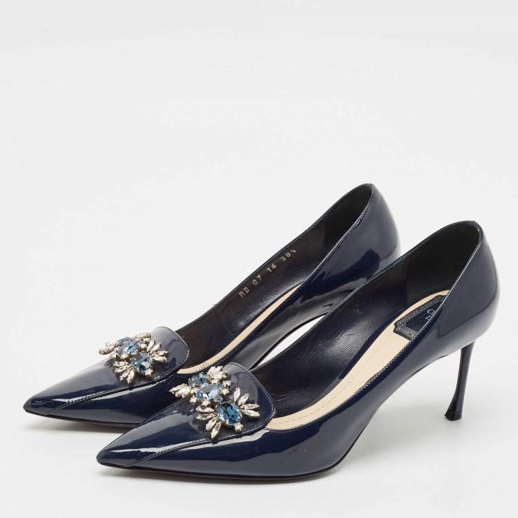 Pre Owned Dior Blue Patent Leather Crystal Embellished Pointed Toe Pumps Size 38.5