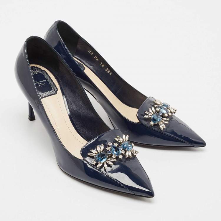 Pre Owned Dior Blue Patent Leather Crystal Embellished Pointed Toe Pumps Size 38.5