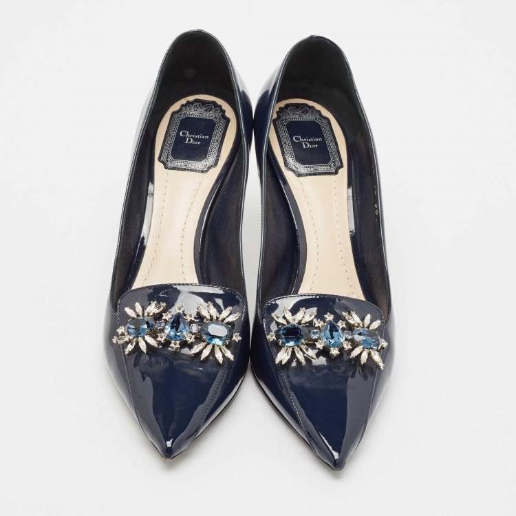 Pre Owned Dior Blue Patent Leather Crystal Embellished Pointed Toe Pumps Size 38.5