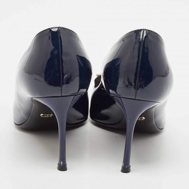 Pre Owned Dior Blue Patent Leather Crystal Embellished Pointed Toe Pumps Size 38.5