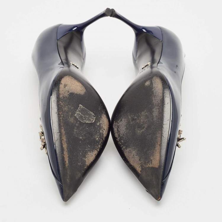 Pre Owned Dior Blue Patent Leather Crystal Embellished Pointed Toe Pumps Size 38.5