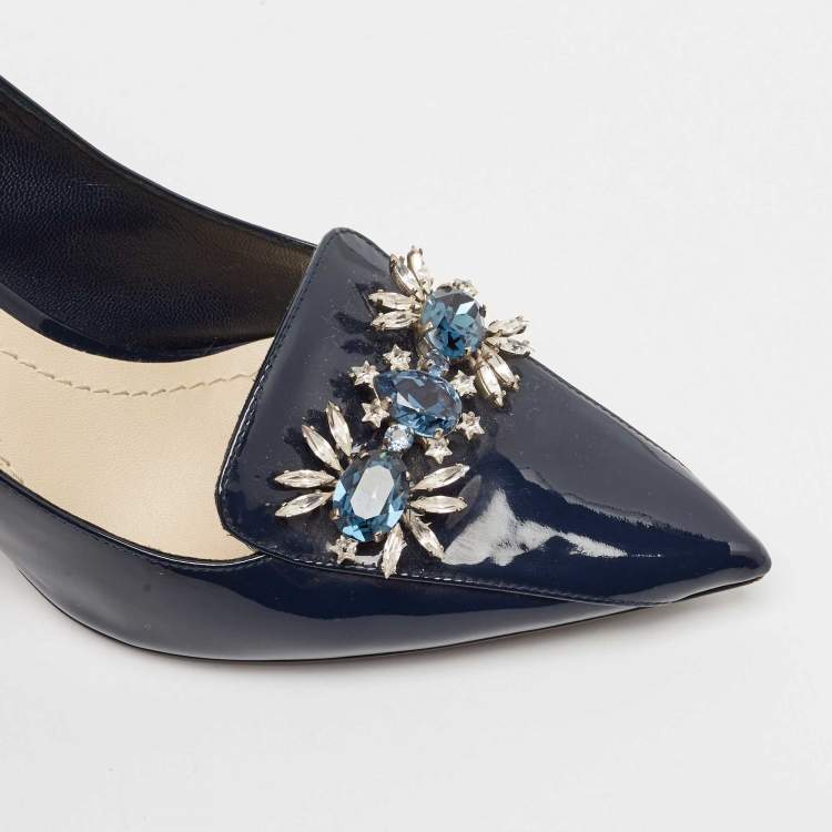 Pre Owned Dior Blue Patent Leather Crystal Embellished Pointed Toe Pumps Size 38.5