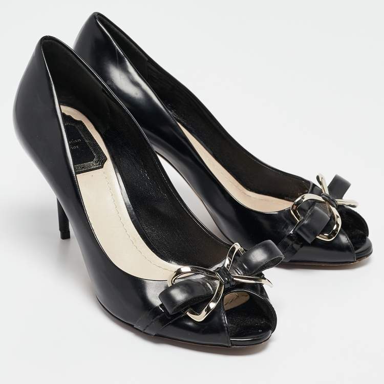 Pre Owned Dior Black Leather Bow Detail Peep Toe Pumps Size 36