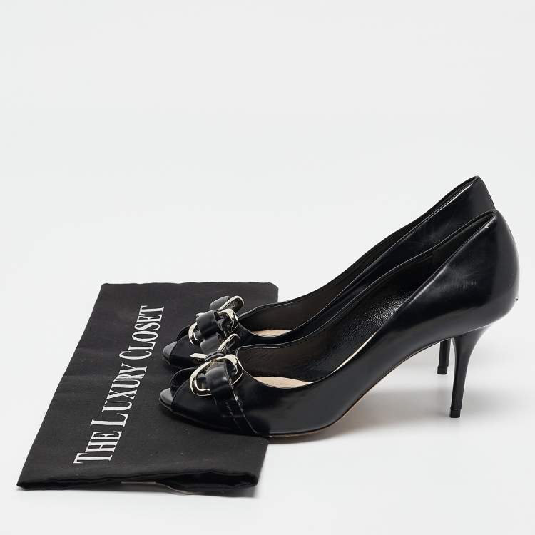 Pre Owned Dior Black Leather Bow Detail Peep Toe Pumps Size 36