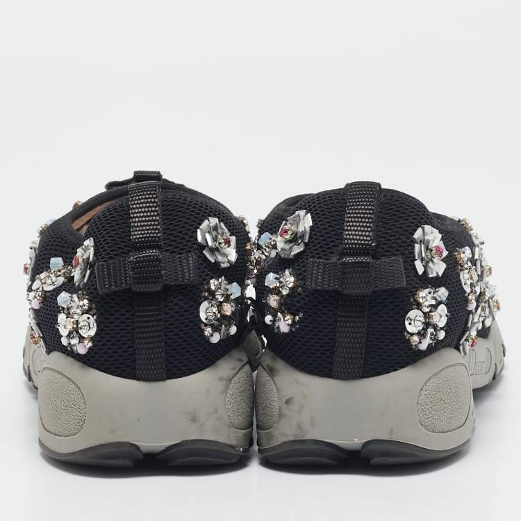 Pre Owned Dior Black Mesh Fusion Floral Embellished Slip On Sneakers Size 39