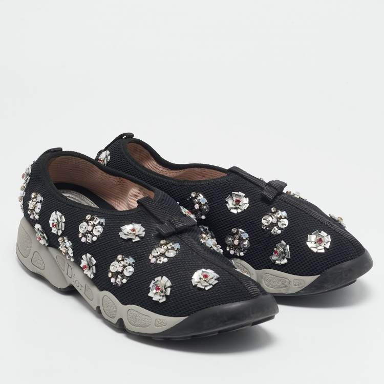Pre Owned Dior Black Mesh Fusion Floral Embellished Slip On Sneakers Size 39
