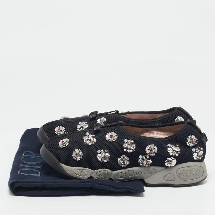 Pre Owned Dior Black Mesh Fusion Floral Embellished Slip On Sneakers Size 39