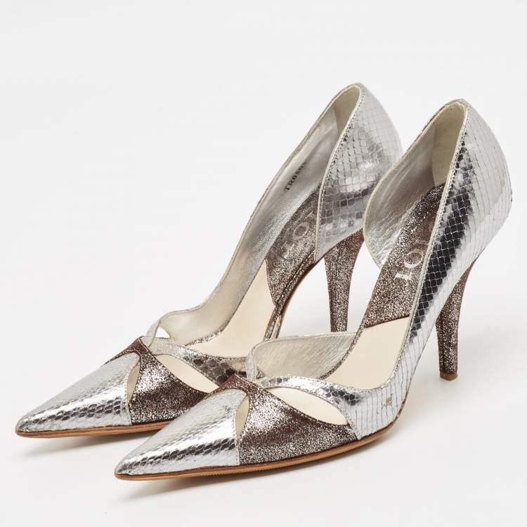 Pre Owned Dior Silver/Brown Python Embossed Leather and Texture Suede Pumps Size 36.5