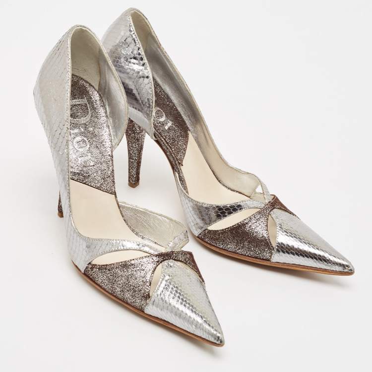 Pre Owned Dior Silver/Brown Python Embossed Leather and Texture Suede Pumps Size 36.5