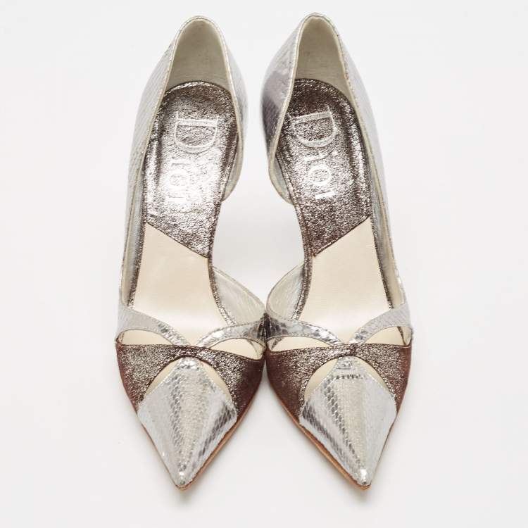 Pre Owned Dior Silver/Brown Python Embossed Leather and Texture Suede Pumps Size 36.5