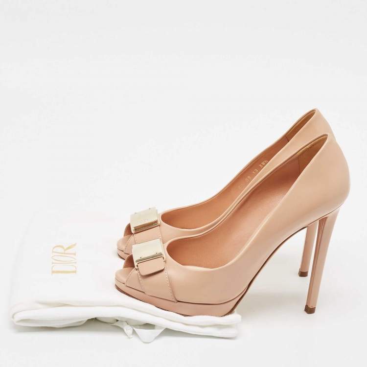 Pre Owned Dior Beige Leather Logo Plaque Peep Toe Pumps Size 38.5