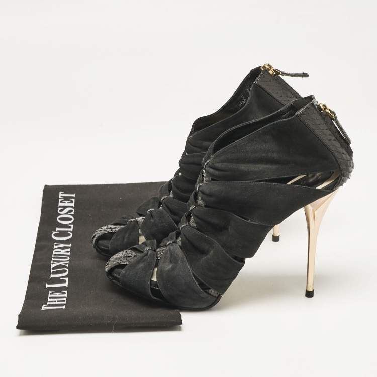 Pre Owned Dior Black Python and Nubuck Leather Caged Platform Sandals Size 38.5