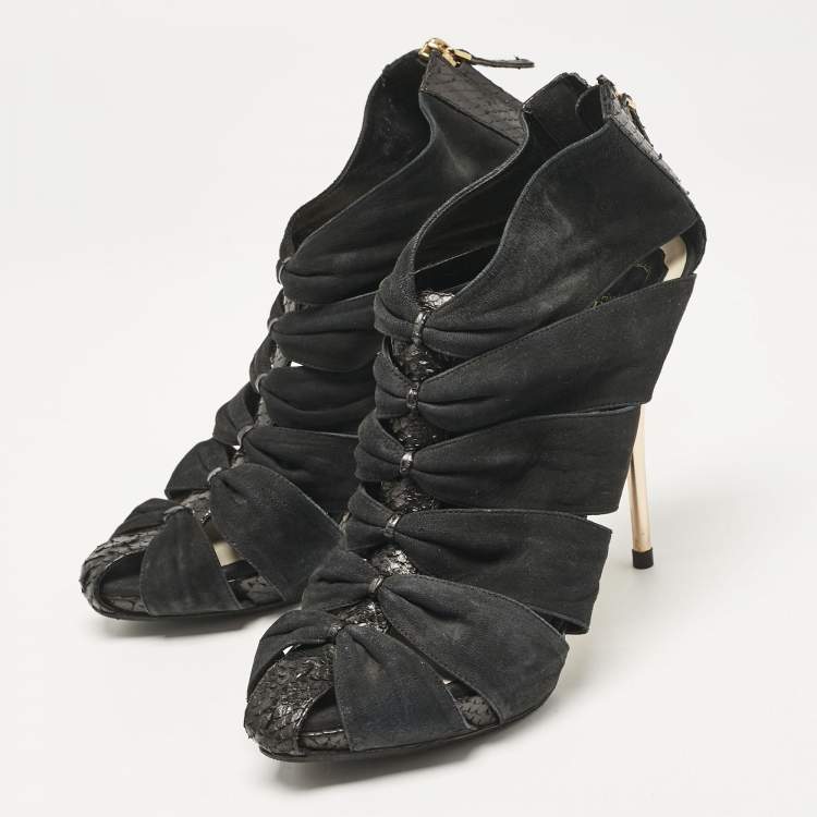 Pre Owned Dior Black Python and Nubuck Leather Caged Platform Sandals Size 38.5