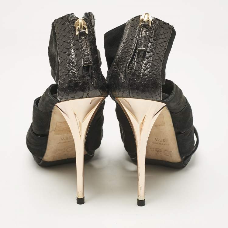 Pre Owned Dior Black Python and Nubuck Leather Caged Platform Sandals Size 38.5