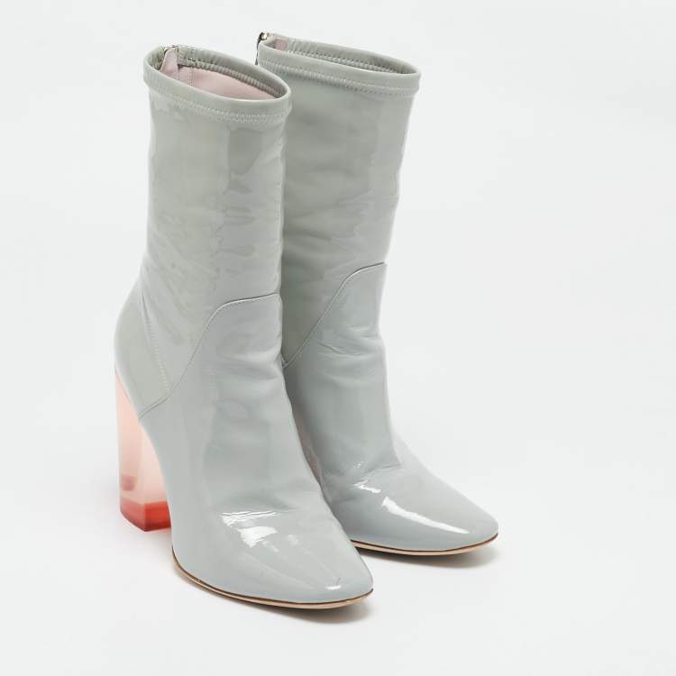Pre Owned Dior Grey Patent Leather Clear Block Heel Mid Calf Boots Size 39