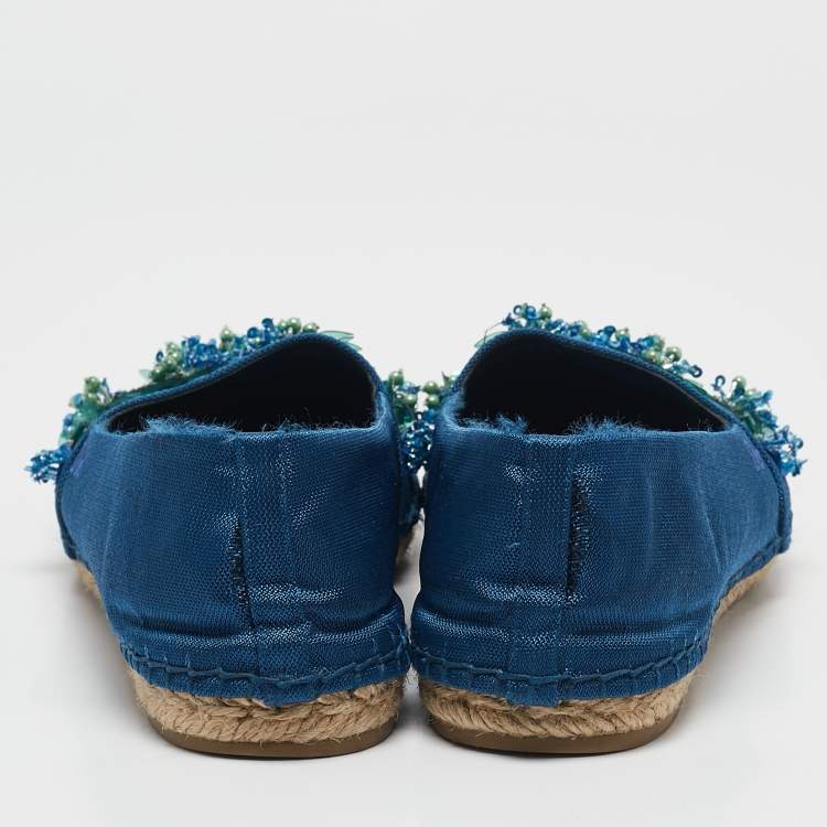 Pre Owned Dior Blue Canvas Flower Embellished Espadrille Flats Size 38