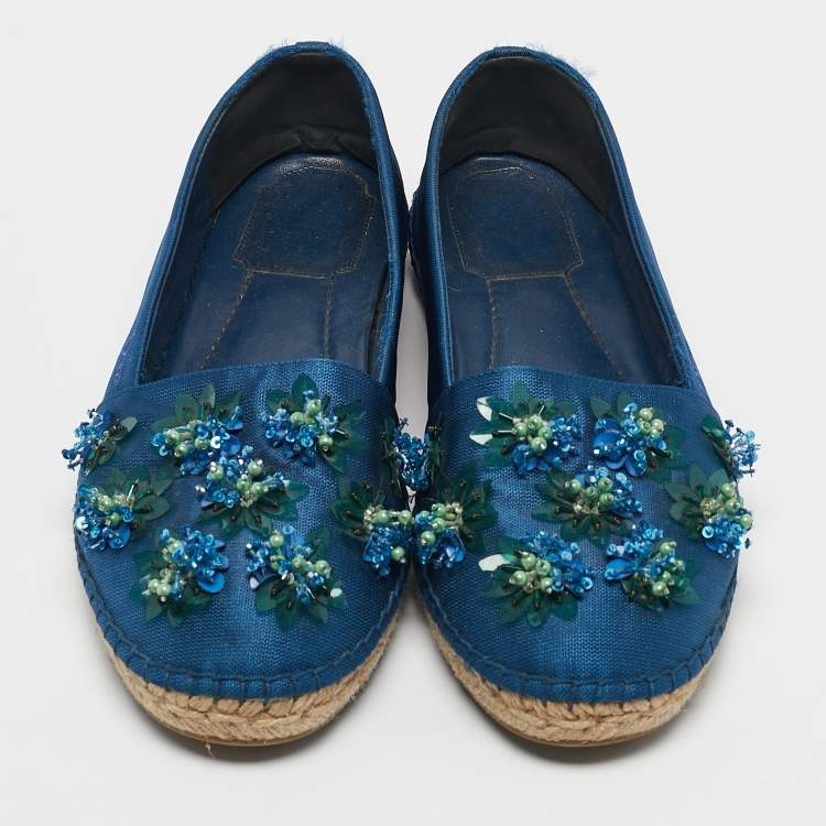 Pre Owned Dior Blue Canvas Flower Embellished Espadrille Flats Size 38