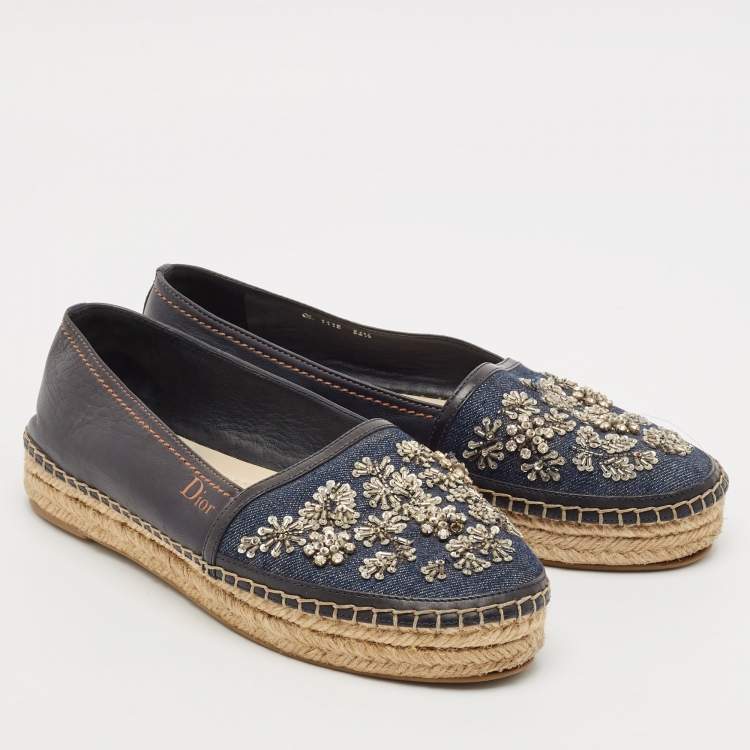 Pre Owned Dior Black/Blue  Denim and Leather Embellished Espadrille Flats Size 36.5