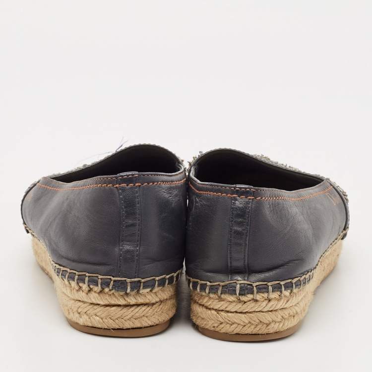 Pre Owned Dior Black/Blue  Denim and Leather Embellished Espadrille Flats Size 36.5