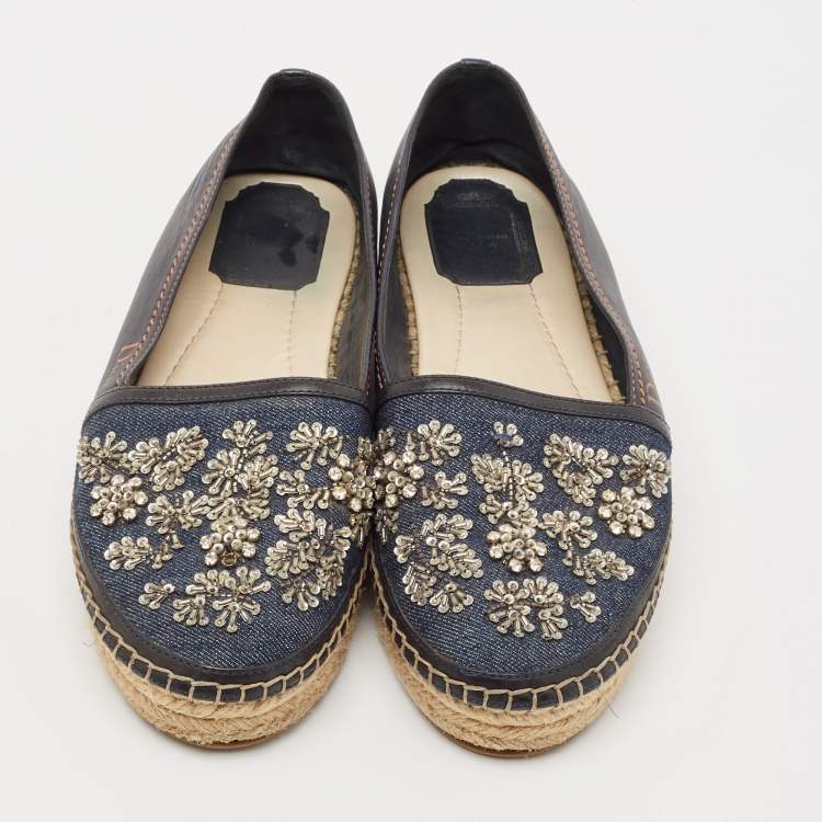 Pre Owned Dior Black/Blue  Denim and Leather Embellished Espadrille Flats Size 36.5