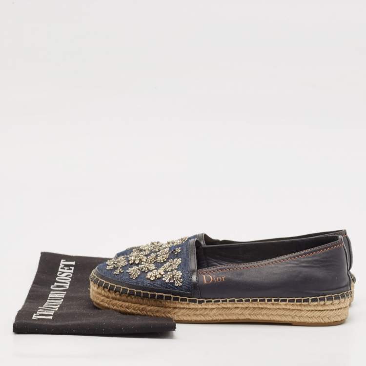 Pre Owned Dior Black/Blue  Denim and Leather Embellished Espadrille Flats Size 36.5