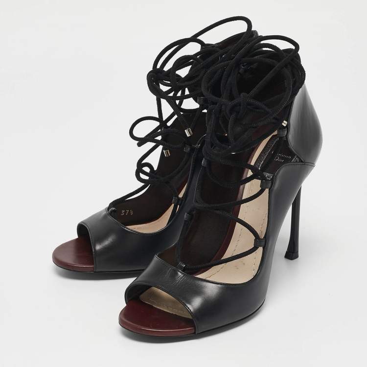 Pre Owned Dior Black Leather Petale Open Toe Pumps Size 37.5