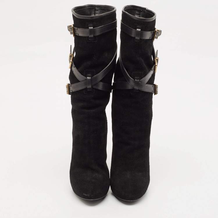 Pre Owned Dior Black Leather and Suede Buckle Mid Calf Boots Size 38.5