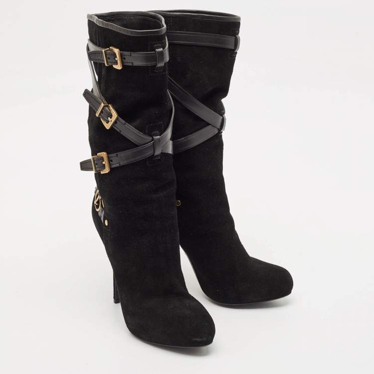 Pre Owned Dior Black Leather and Suede Buckle Mid Calf Boots Size 38.5