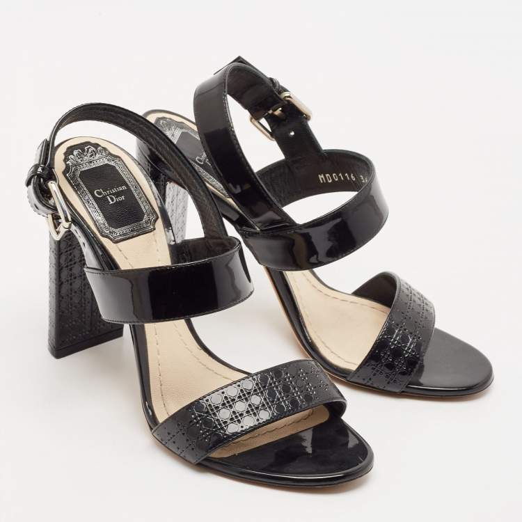 Pre Owned Dior Black Cannage Quilted Patent Leather Ankle Strap Sandals Size 36