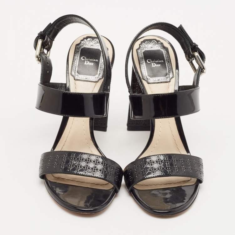 Pre Owned Dior Black Cannage Quilted Patent Leather Ankle Strap Sandals Size 36