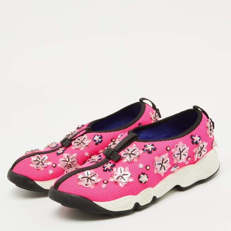 Pre Owned Dior Pink Mesh Embellished Fusion Slip On Sneakers Size 37