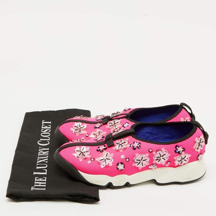 Pre Owned Dior Pink Mesh Embellished Fusion Slip On Sneakers Size 37