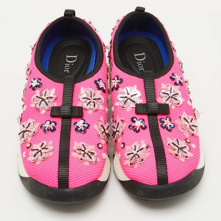 Pre Owned Dior Pink Mesh Embellished Fusion Slip On Sneakers Size 37