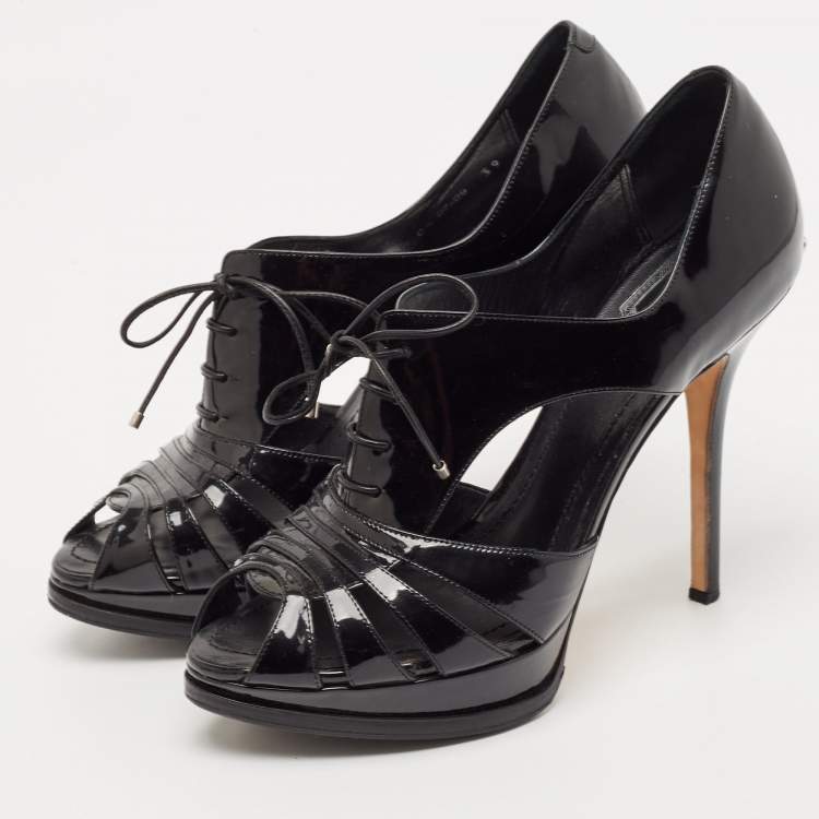 Pre Owned Dior Black Patent Glam Derby Peep Toe Cut Out Booties Size 39