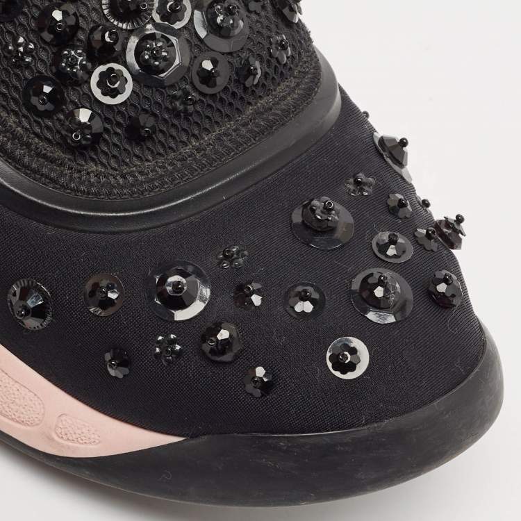 Pre Owned Dior Black Neoprene And Mesh Fusion Embellished Velcro Strap Sneakers Size 37.5