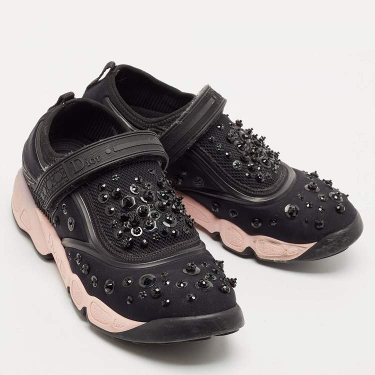 Pre Owned Dior Black Neoprene And Mesh Fusion Embellished Velcro Strap Sneakers Size 37.5