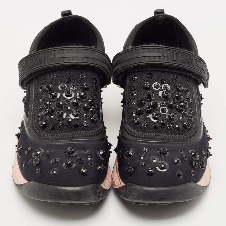 Pre Owned Dior Black Neoprene And Mesh Fusion Embellished Velcro Strap Sneakers Size 37.5