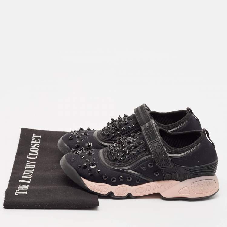 Pre Owned Dior Black Neoprene And Mesh Fusion Embellished Velcro Strap Sneakers Size 37.5